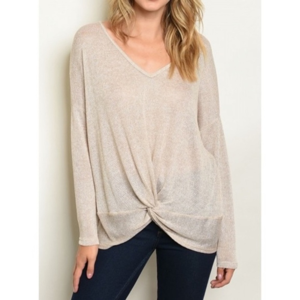 Taupe Twist Front Long-Sleeve Sweater
